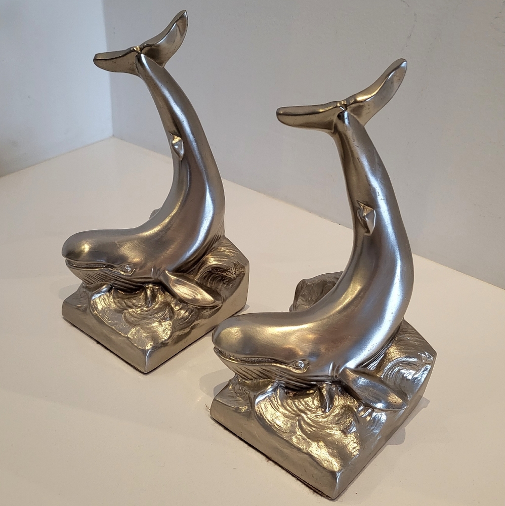 Like New! Vintage Silver Cast Iron Whale Bookends - Pair